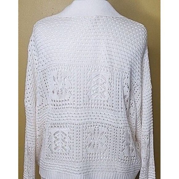 ELAN Crochet Patches Womens Large V Neck Sweater Off White Collared Cream Knit - Picture 4 of 9